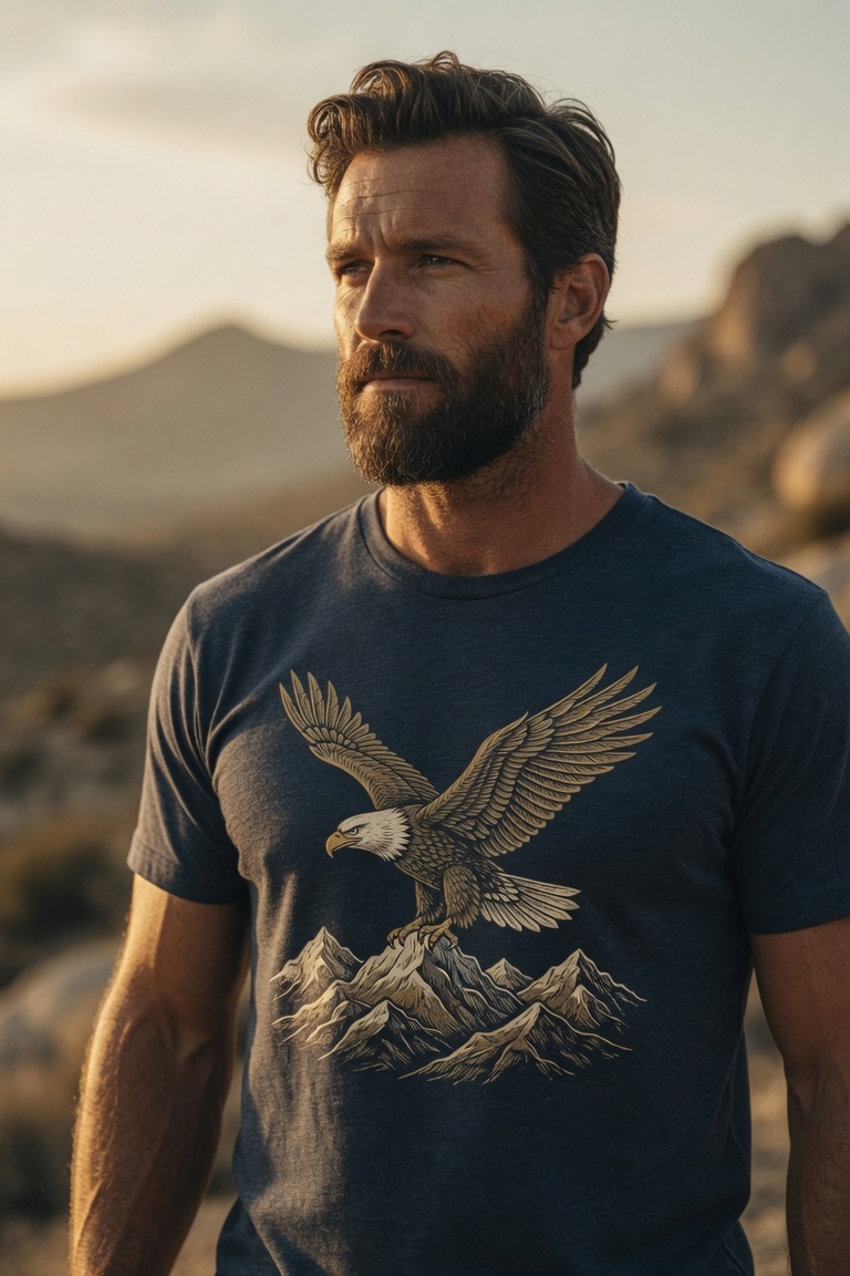 Person outdoors at golden hour wearing an original American-heritage navy tee