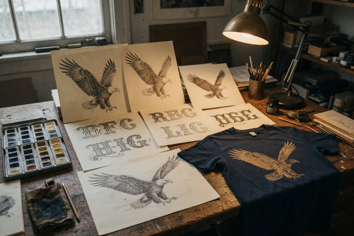 A small American design studio: original sketches, ink swatches, and a screen-printed navy tee